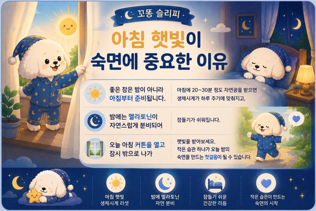 아침 햇빛이 숙면에 중요한 이유를 생체시계를 맞춰 숙면으로 이어지는 과정을 요약 설명하는 꼬똥 슬리피