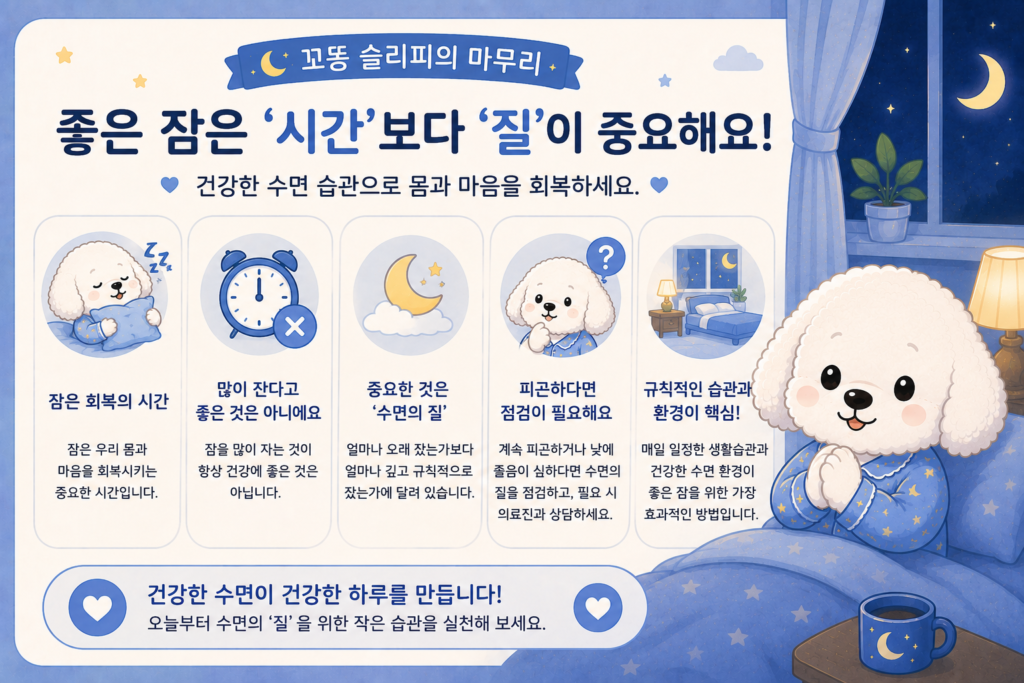 좋은 잠은 수면 시간보다 수면의 질이 중요하다는 핵심 내용을 요약한 꼬똥 슬리피 마무리
