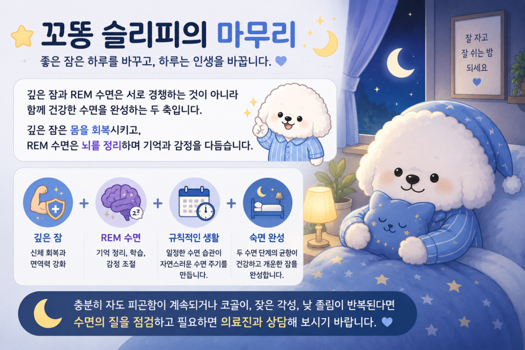 깊은 잠과 REM 수면의 균형이 건강한 숙면을 만든다는 메시지를 담은 마무리 이미지